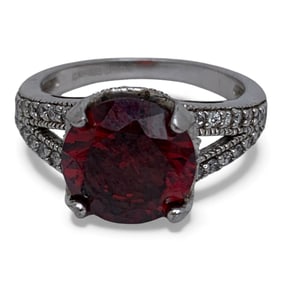 Sterling Silver Ring W Red & Clear Stones