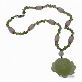 Green & Pink Hard Stone Necklace W Sterling Clasp