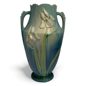 Roseville Pottery Iris Blue Double Handled Vase