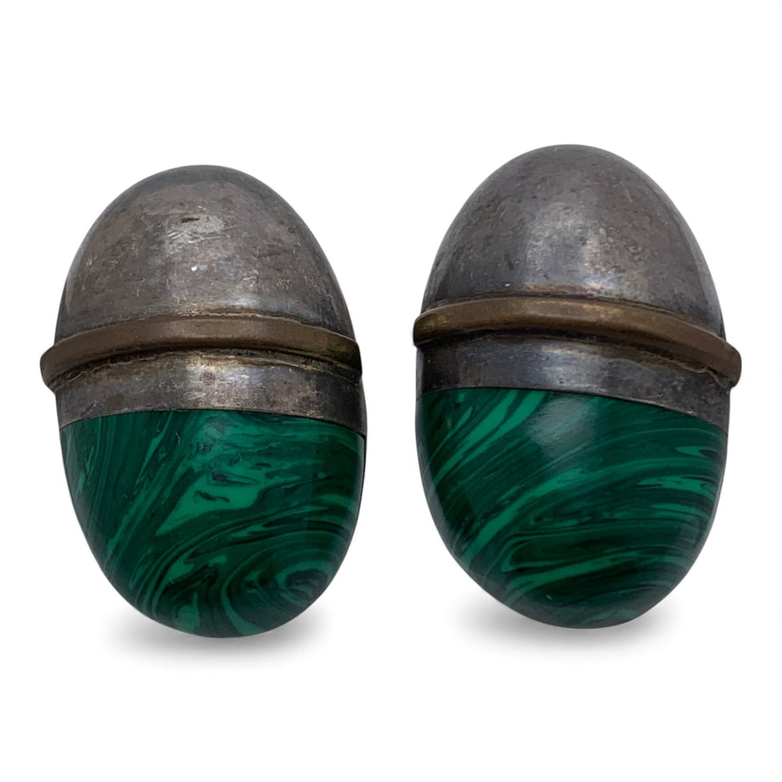 Pair Of Mexico Sterling & Malachite Earrings: Marked 925 - 1 1/8" Long - 18.9 Grams