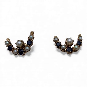 Pair Of 14k Yellow Gold Pearl & Sapphire Earrings