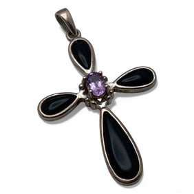 Silver Cross Pendant W Purple & Black Stones