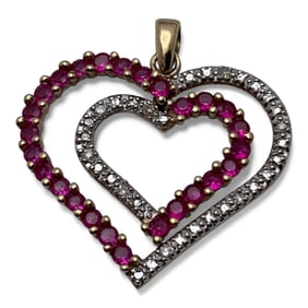 10k Yellow Gold Heart Pendant W Diamond & Ruby