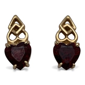 Pair Of 14k Yellow Gold & Garnet Heart Earrings