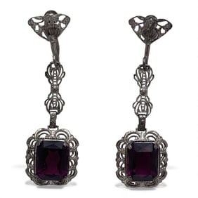 Pair Of Sterling Silver & Purple Stone Earrings