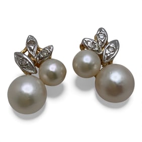 Pair Of 14k Yellow Gold Diamond & Pearl Earrings