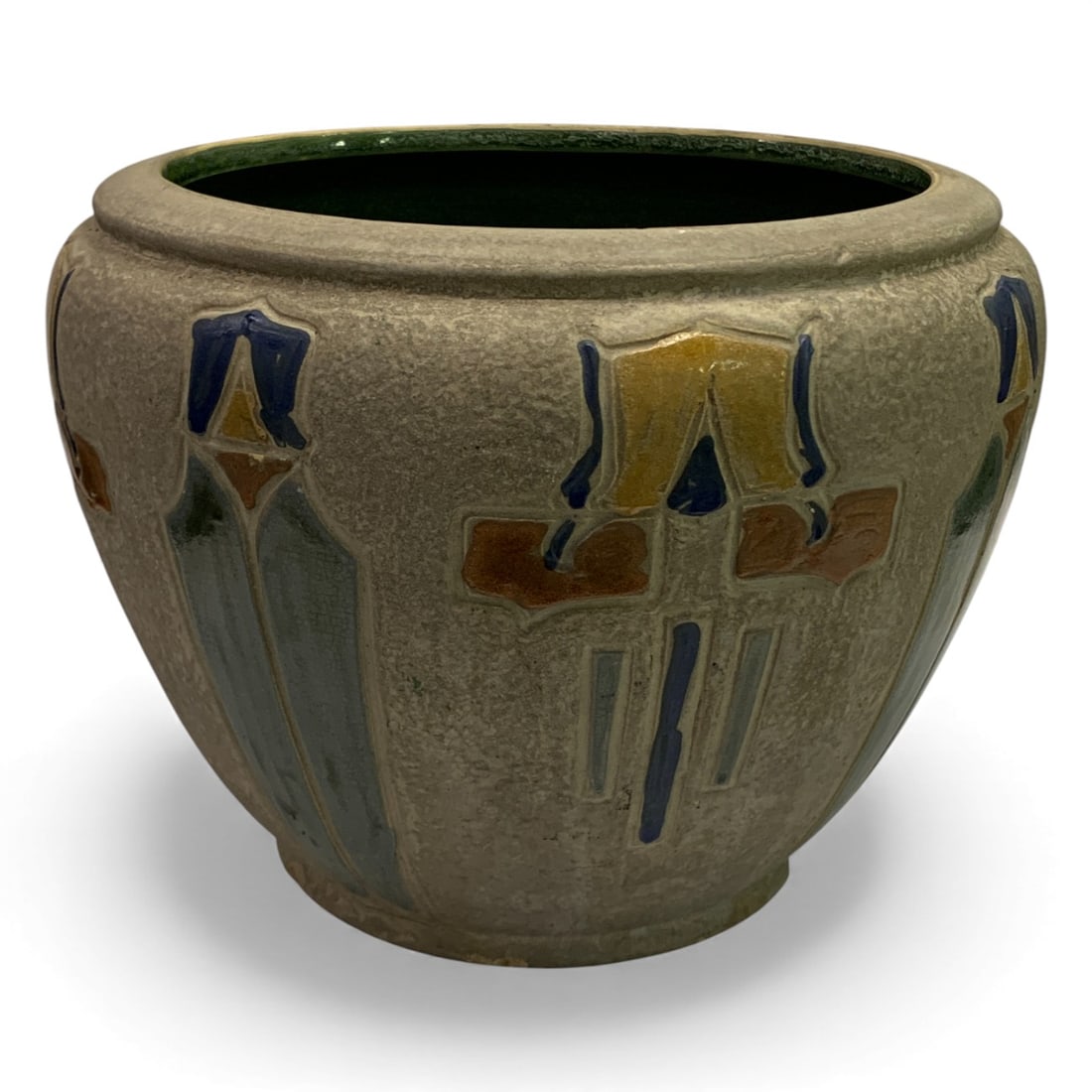 Roseville Pottery Mostique Jardiniere: Bears Roseville R Mark. 8.5" Tall X 10.5". As - Found, Shows Damage And / Or Restoration, See Photos.