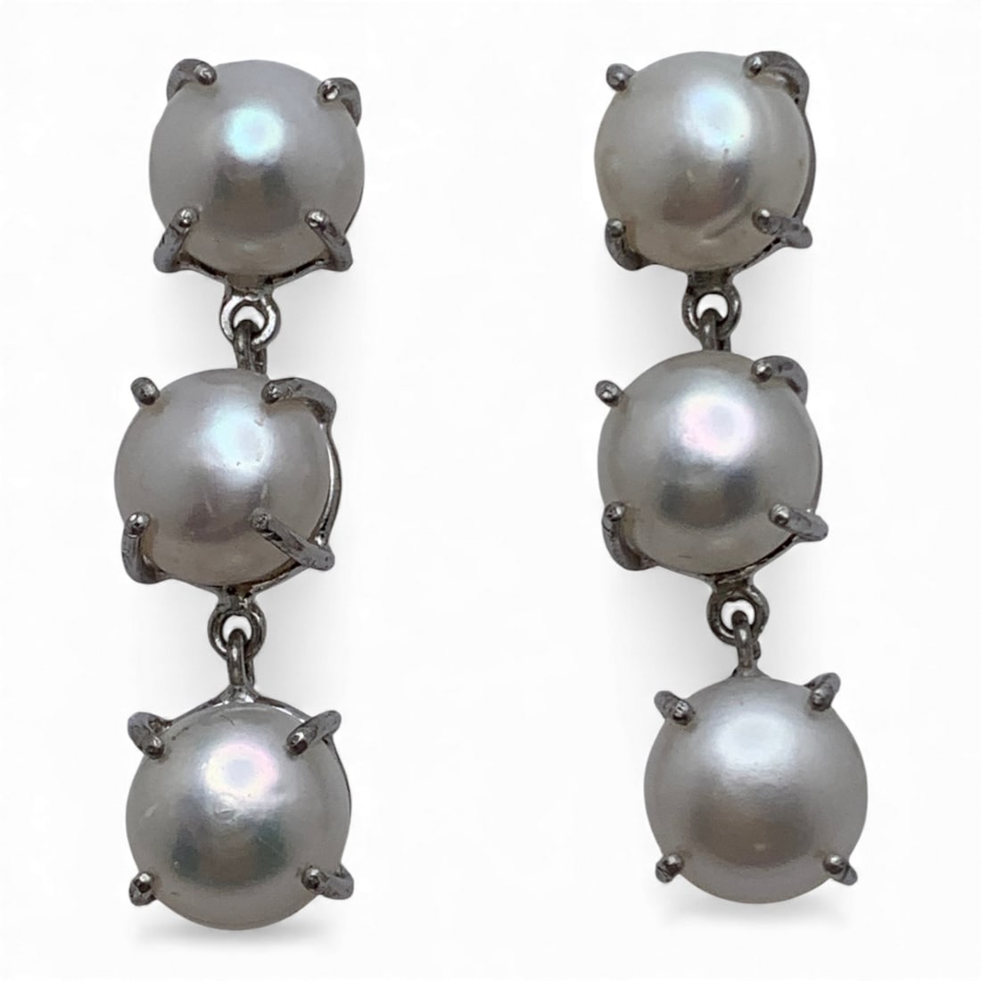 Pair Of Sterling Silver & Pearl Earrings: Marked 925 - 1 5/8" Long - 12.8 Grams