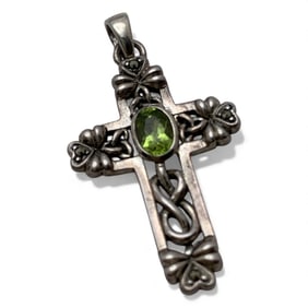 Silver Cross Pendant With Green Stone