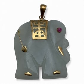 14k Yellow Gold Ruby & Carved Jade Pendant