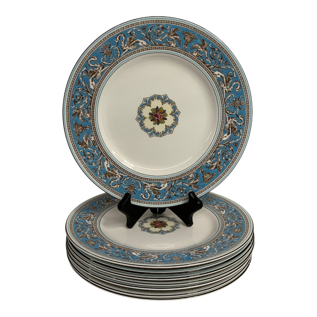 8 Wedgwood Florentine Porcelain Dinner Plates: Marked On Bottom: Wedgwood. Bone China. Made In England. Florentine. 10.5" Diameter.