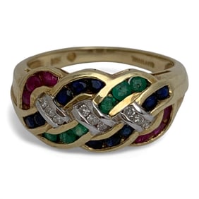 14k Gold Diamond Ruby Emerald & Sapphire Ring