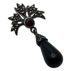 Sterling Marcasite Pendant W Black & Red Stones
