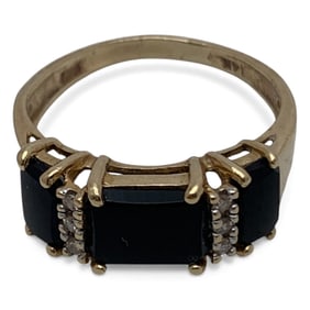 14k Yellow Gold, Diamond & Black Stone Ring