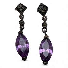 Pair Of Silver Marcasite & Purple Stone Earrings