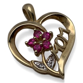 10k Gold, Diamond & Ruby Heart Pendant, Mom