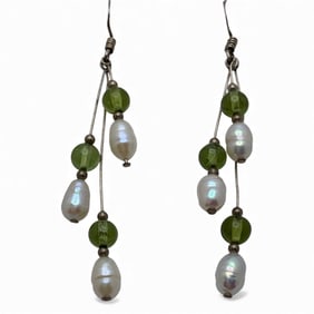 Pair Of Sterling Pearl & Art Glass Earrings