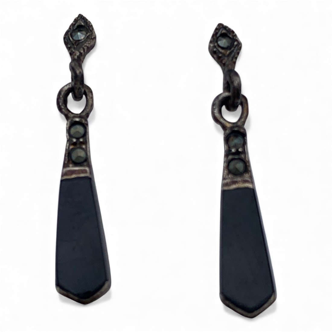 Sterling Marcasite & Black Stone Earrings: Marked 925 - 1" Long - 2.2 Grams