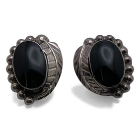 Pair Of Mexico Sterling & Black Stone Earrings