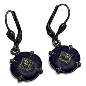 Silver Enameled Earrings With Clear Stone