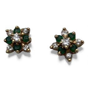Pair Of 14k Gold, Diamond & Emerald Earrings