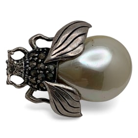 Sterling Marcasite & Faux Pearl Insect Pin