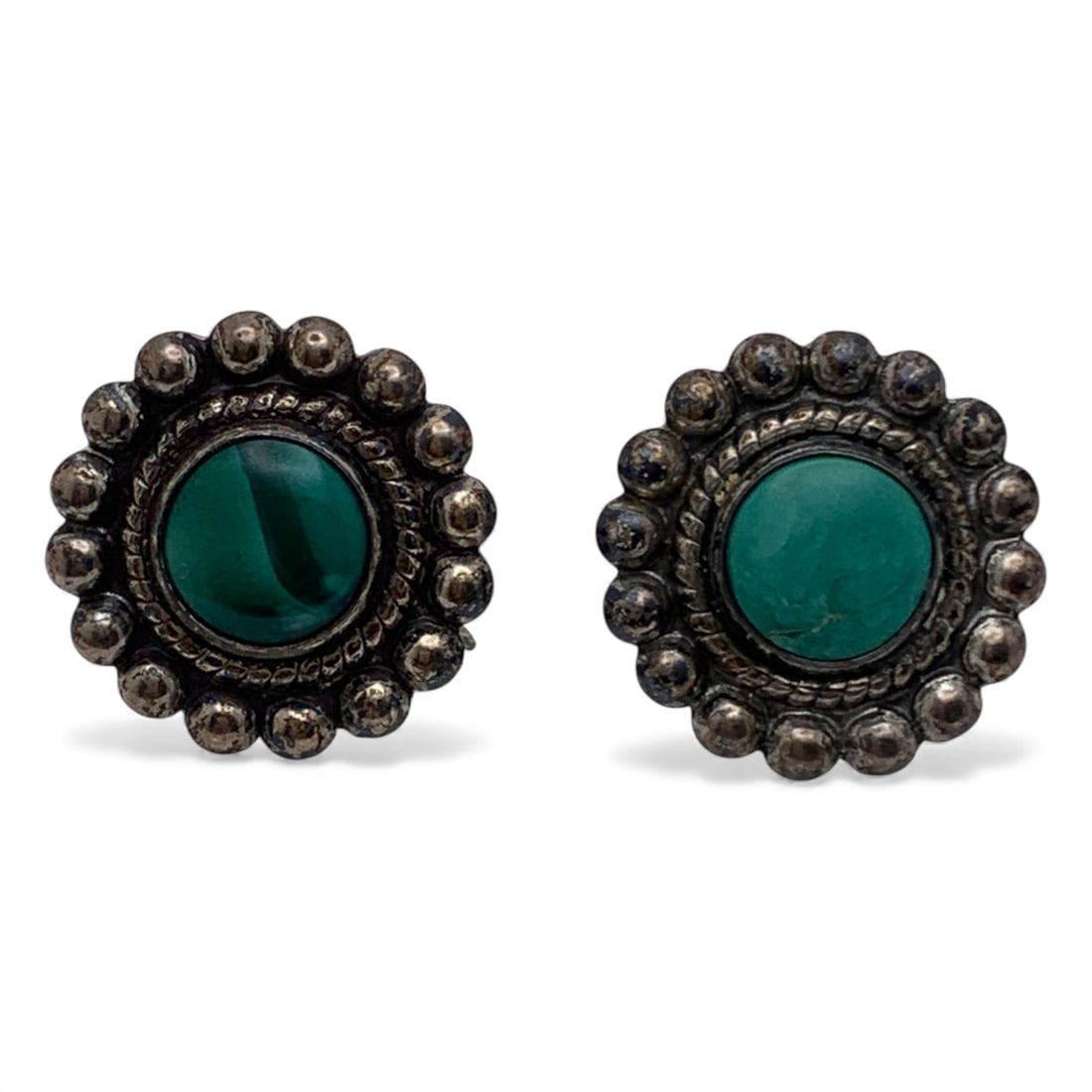 Pair Of Silver & Green Stone Screw Back Earrings: Tests Silver - 3/4" Long - 6.7 Grams