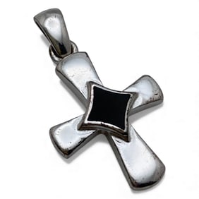 Sterling Silver & Black Stone Cross Pendant