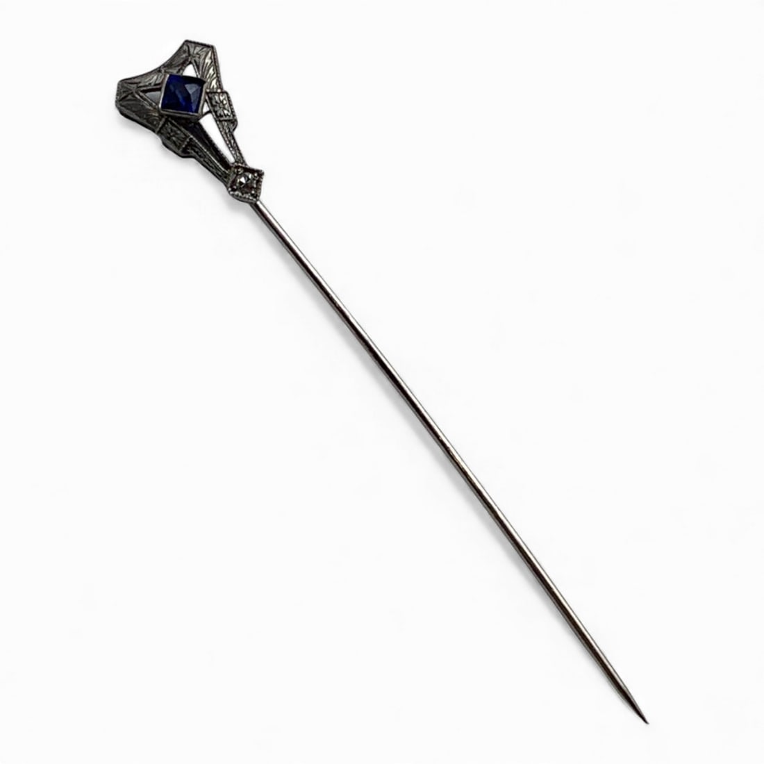 14k White Gold Diamond & Sapphire Stick Pin: Marked 14k - 2 1/2" Long - 0.7 DwtGemstones Tested With Presidium Gem Tester Il - Berners Does Not Guarantee Authenticity Of Gemstones