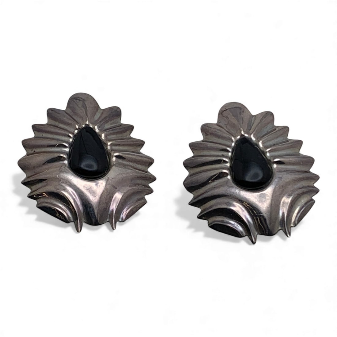 Mexico Sterling Silver & Black Stone Earrings: Marked 925 - 1 7/8" Long - 21.1 Grams