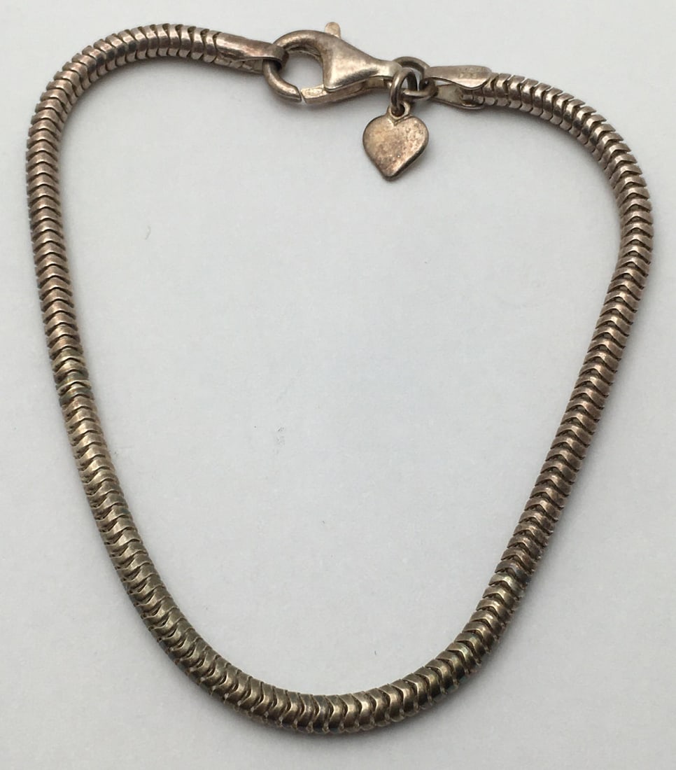 Sterling Silver Italian Bracelet W Heart Charm: Marked 925 - 7 1/2" Long - 7.2 Grams