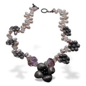 Silver Pearl & Glass Stone Necklace
