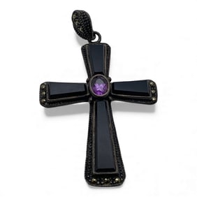 Sterling Marcasite & Black Stone Cross Pendant