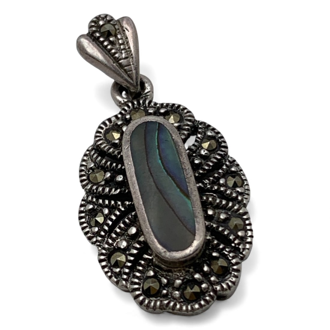 Sterling Marcasite & Abalone Pendant: Marked 925 - 1 1/8" Long - 3.3 Grams