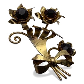 Sterling Silver Gold Tone Brooch W Red Stones