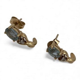 Pair Of 14k Gold Diamond & Aquamarine Earrings