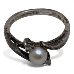 Sterling Pearl & Clear Stone Ring