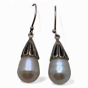 Pair Of Sterling Silver & Pearl Earrings