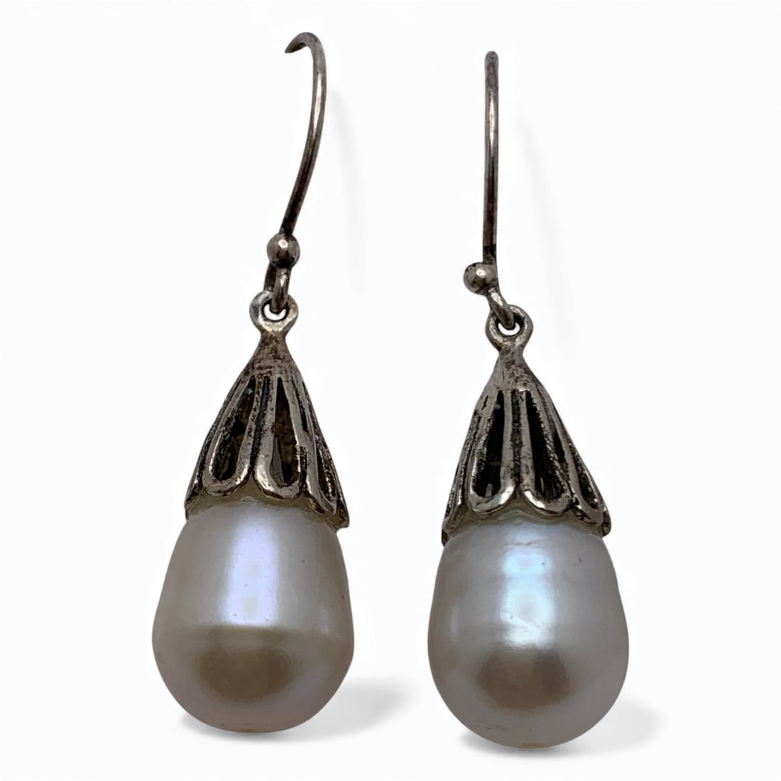 Pair Of Sterling Silver & Pearl Earrings: Marked 925 - 1 1/2" Long - 5.9 Grams