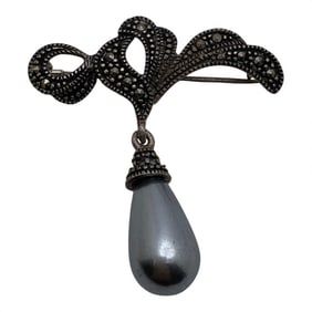 Sterling Marcasite & Faux Pearl Pin