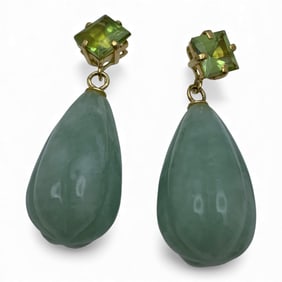 Pair Of 14k Yellow Gold & Jade Earrings