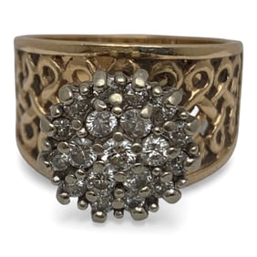 Diamond Cluster 14k Gold Filigree Ring