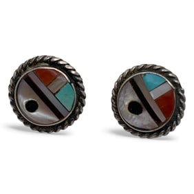 Pair Of Silver & Inlaid Stone Earrings