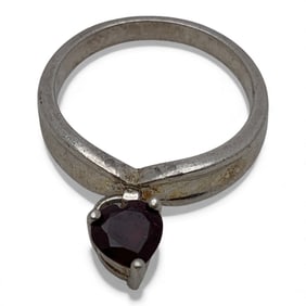 Sterling Silver Ring W Red Stone Heart Charm