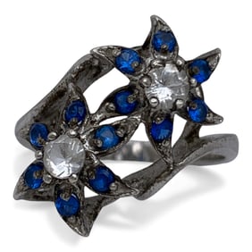 Sterling Silver Ring W Blue & Clear Stones