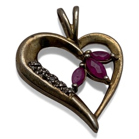 Sterling Silver Gold Tone Heart Pendant W Rubies