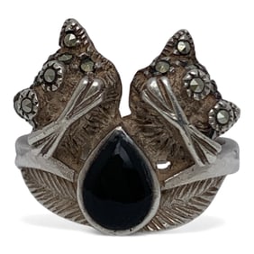 Sterling Silver Marcasite & Black Stone Ring