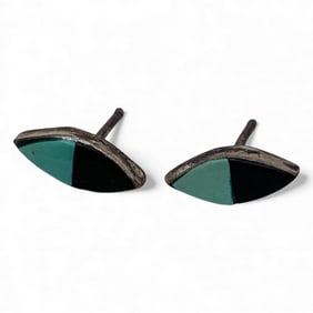 Pair Of Silver Earrings W Black & Green Stones
