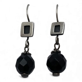 Pair Of Sterling Silver & Black Stone Earrings