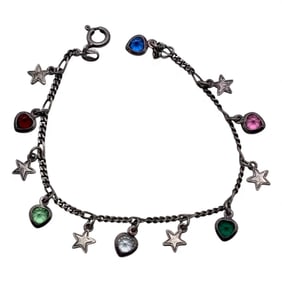 Sterling Silver Heart Charm Bracelet W Stones